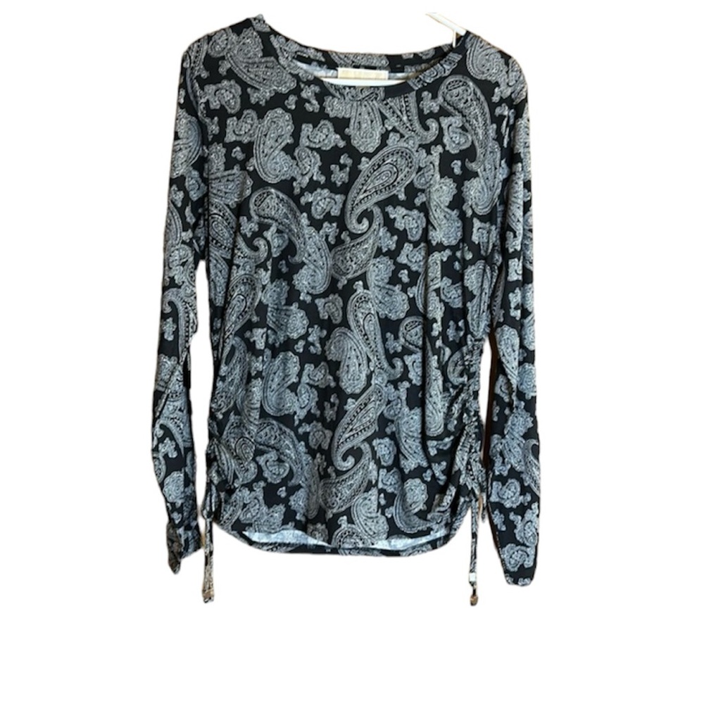 Michael Kors Black Paisley Long Sleeve Crew Neck Gathered Tie Sides T- Shirt NWT
